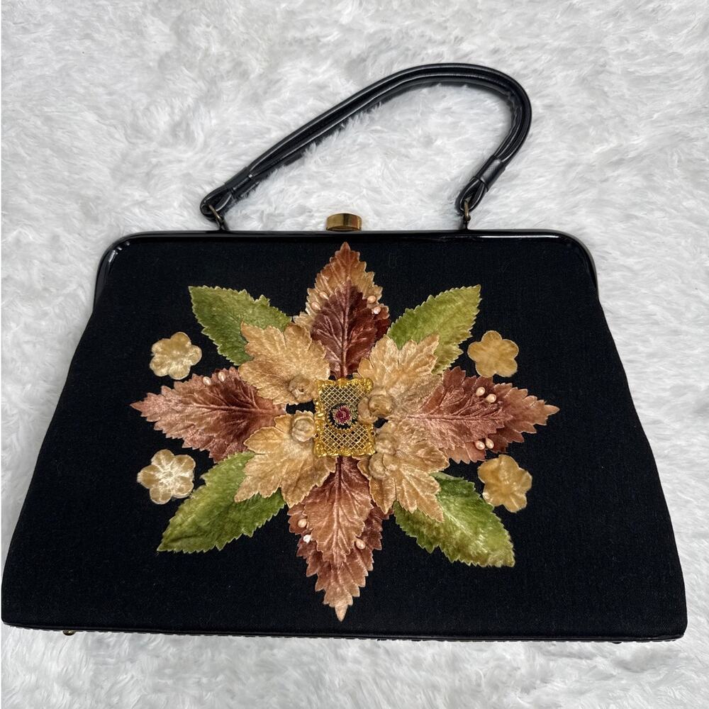 50's Caron of Houston hand decorated floral appliqué purse top handle kiss lock - Picture 2 of 12